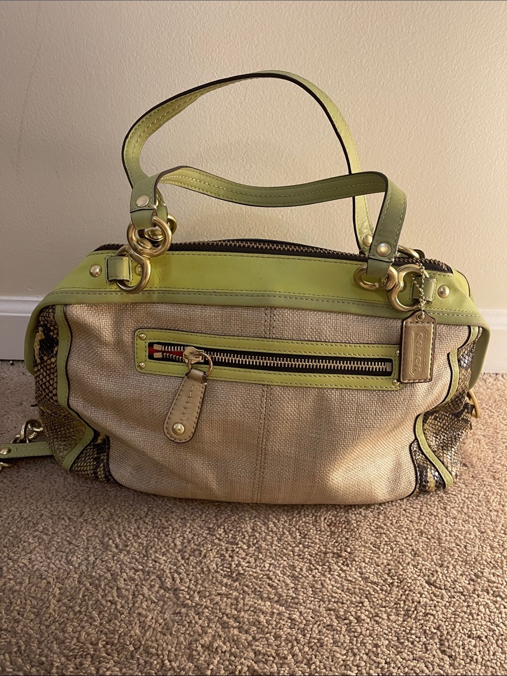 Coach Natalie bag Green Trim Python-Print Canvas Shoulder Bag gold accents - Picture 3 of 13